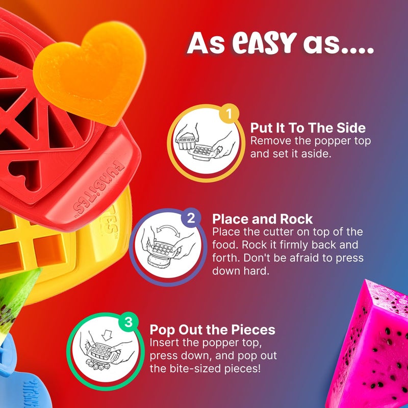 FUNBITES Sandwich Cutter for Kids Lunch, Mini Cookie Cutters, Bento Box Accessories, Cut Food into Bite-Size Shapes for Toddlers, Great for picky eaters - Yellow Squares/Red Hearts/Blue Triangles 3pk - Image 4